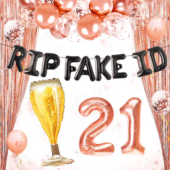 21st Birthday Party Decor Set - RIP FAKE ID Theme Rose Gold Luxury Coming-of-Age Ceremony Decoration