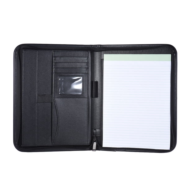 Portafolio profesional multifuncional para negocios, carpeta tipo padfolio, organizador de documentos, tamaño A4, de piel sintética, con cierre de cremallera y tarjetero, bloc de notas