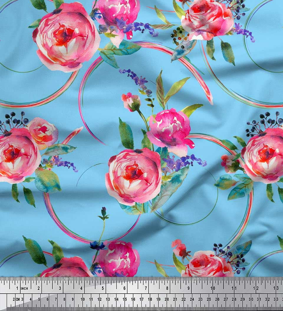 Soimoi Blue Cotton Jersey Fabric Leaves & Ranunculus Floral Fabric Prints By Yard 58 Inch Wide