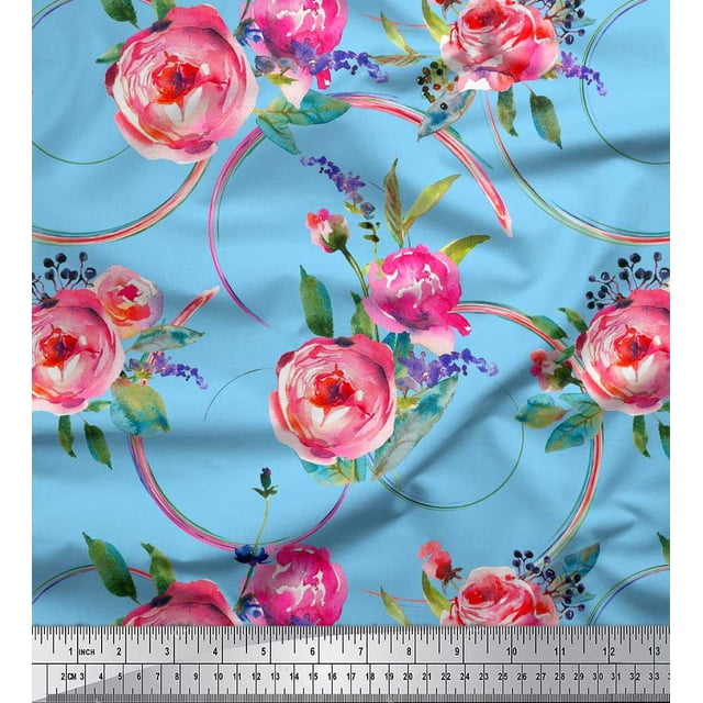 Soimoi Blue Japan Crepe Satin Fabric Leaves & Ranunculus Floral Printed Craft Fabric by the Yard 42 Inch Wide