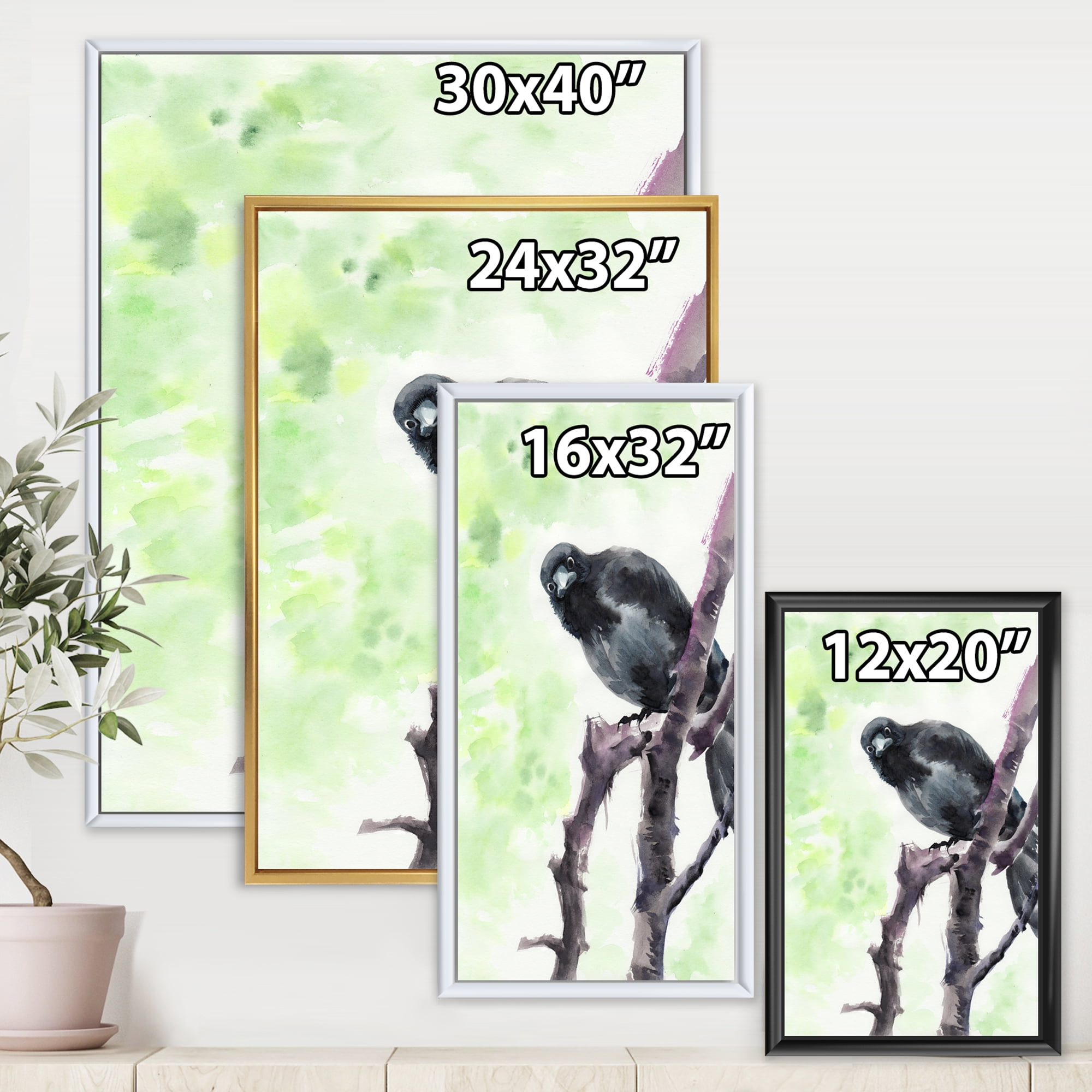 Designart 'Curious Crow Sitting On A Branch' Traditional Framed Canvas Wall Art Print