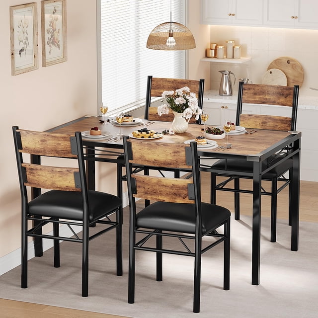 GloryStar Dining Table Set for 4, Dining Room Table Set for 4 with Upholstered Chairs, Wood Kitchen Table Chairs Set of 4 with Corner Protector for Small Space, Kitchen, Apartment