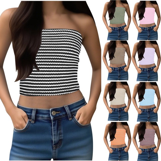 Camisas de maestra,Top de tubo sin tirantes para mujer, top corto de punto con escote palabra de honor, poliéster y elastano suave y elástico, ropa informal para salir, sopatenor