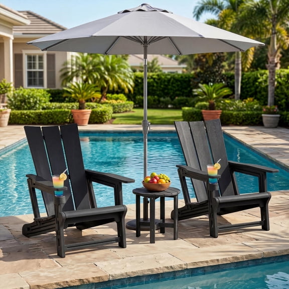 Set of 2 Outdoor Adirondack Chairs with Cup Holder, Hdpe, Black