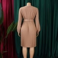 thumbnail image 5 of AURA Womens Elegant V Neck Pleated Midi Dress Long Puff Sleeve High Waist A Line Zipper With Belt, 5 of 10