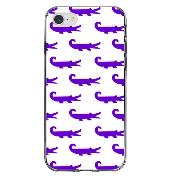 DistinctInk Clear Shockproof Hybrid Case for iPhone 7 8 SE (2020 Model) 4.7" Screen TPU Bumper Acrylic Back Tempered Glass Screen Protector - Purple White Alligators - Cartoon Alligators