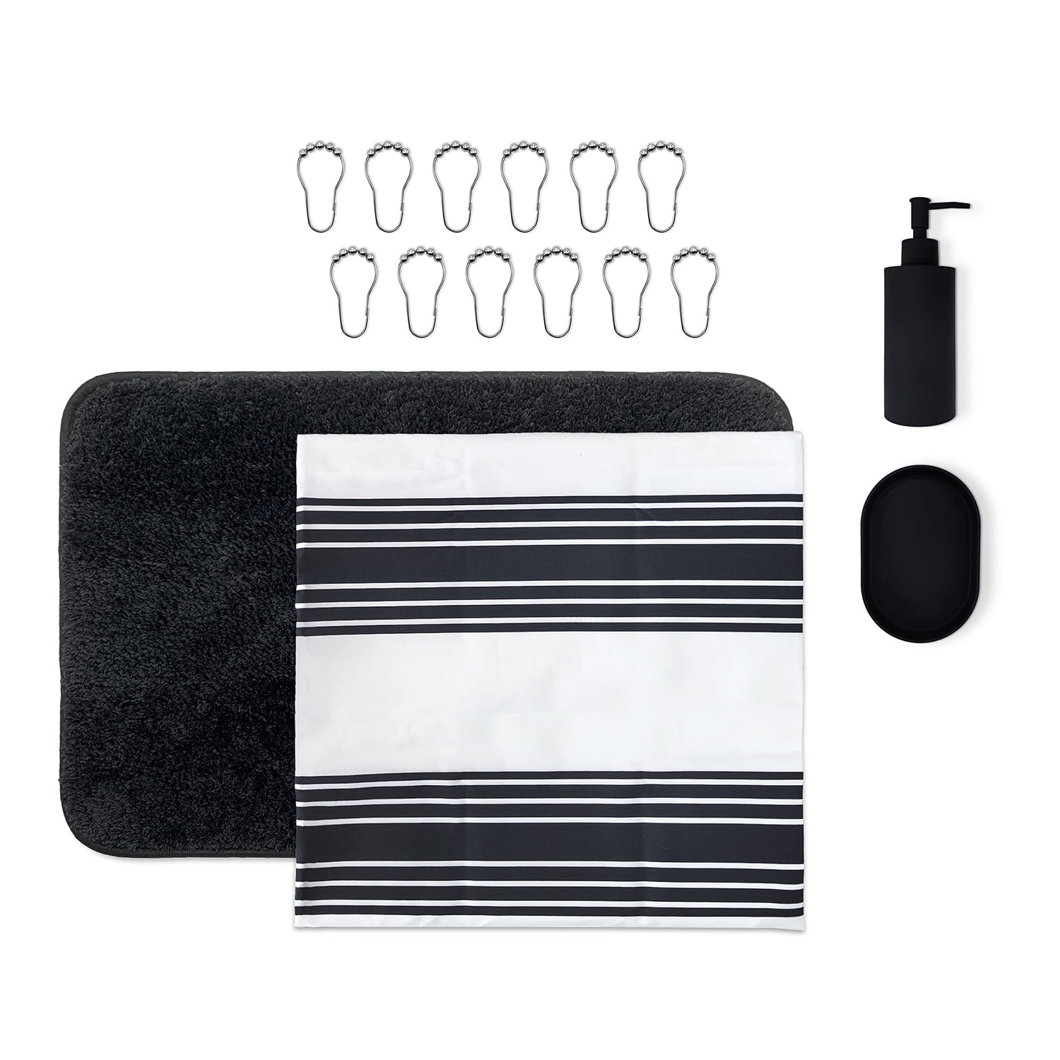 Mainstays 16-Piece Black Stripe Shower Curtain Bathroom Set – Fabric Curtain with Rug, Hooks, Soap Dispenser & Tray
