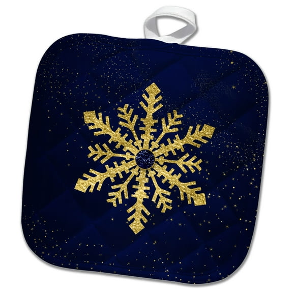 3dRose, Golden Faux Glitter Snowflake with Snow and Midnight Blue Holiday, 8x8 Potholder