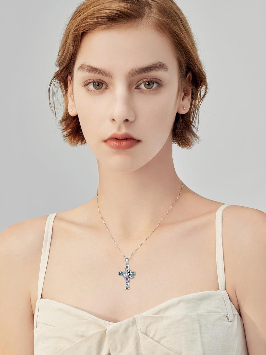Dorunmo Butterfly Cross Necklace 925 Sterling Silver Butterfly Sunflower Abalone Shell Cross Pendant Jewelry Religious Christian Baptism Gifts for Her Women