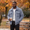 thumbnail image 5 of WIZUTIZ Men's Sherpa Lined Trucker Jacket Stand Collar Full Zip Fall Winter Warm Fuzzy Outerwear Coat, 5 of 9