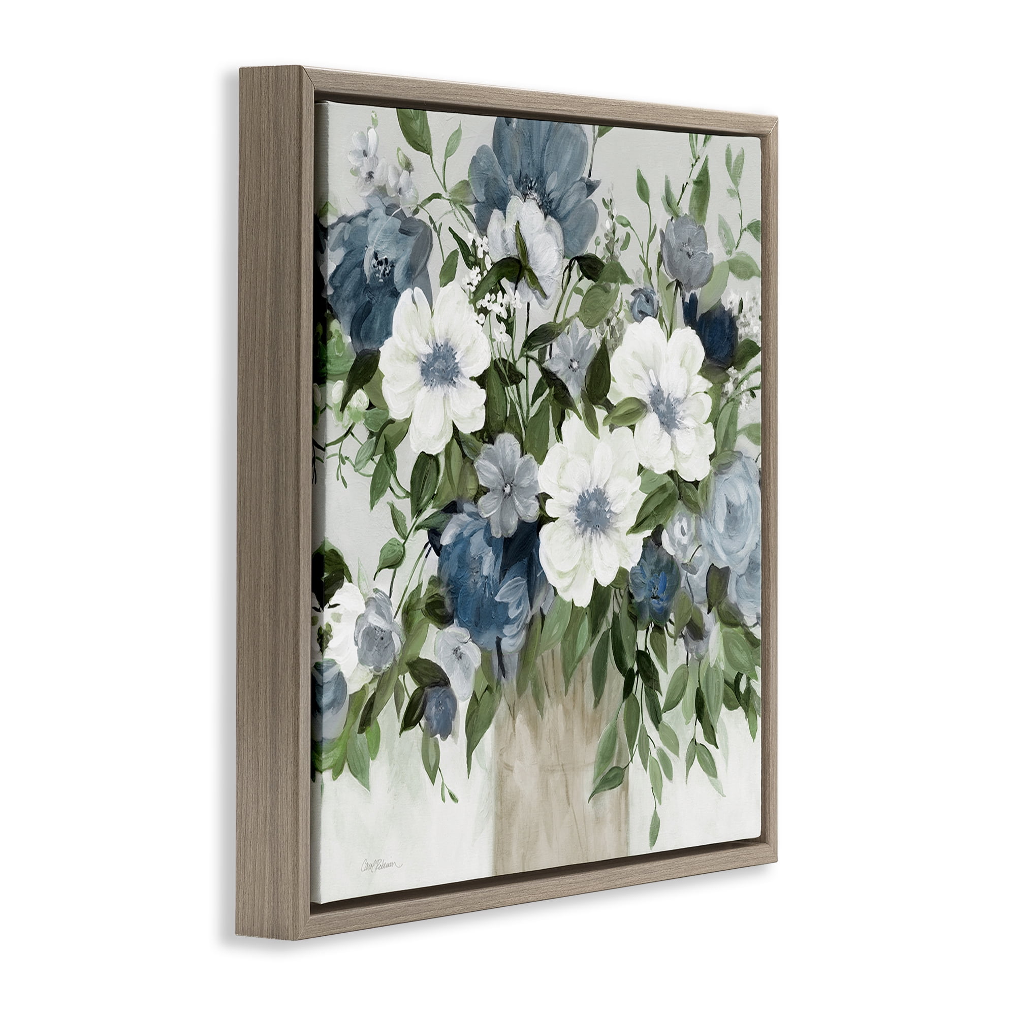 Stupell Industries White & Grey Blossoms Brown Framed Floater Canvas Wall Art, design by Carol Robinson