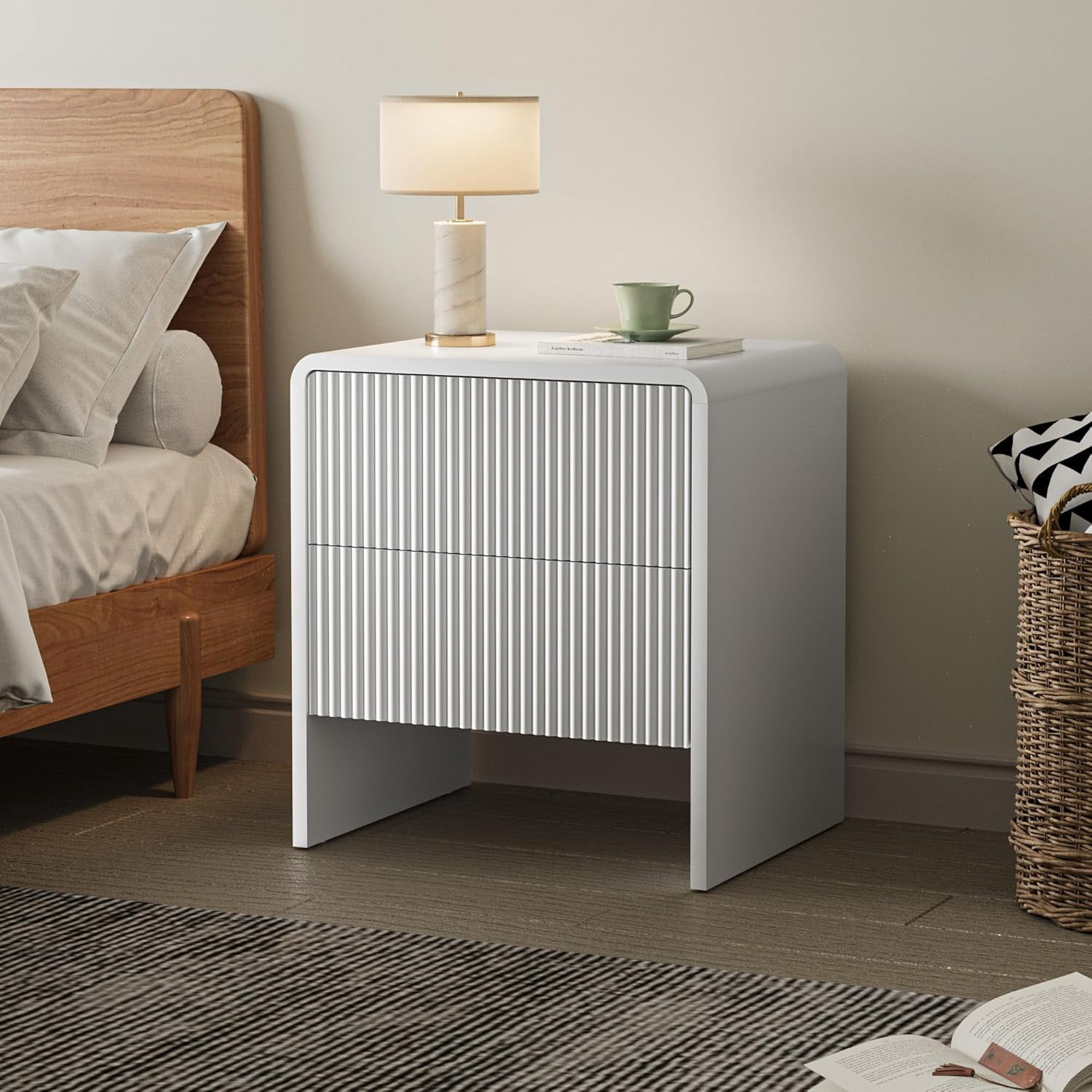 FURNIWAY Set of 2 Curved Nightstand with 2 Drawers, Wooden Bedside Table with Pop-up Design, Modern End Table for Bedroom, Living Room, White