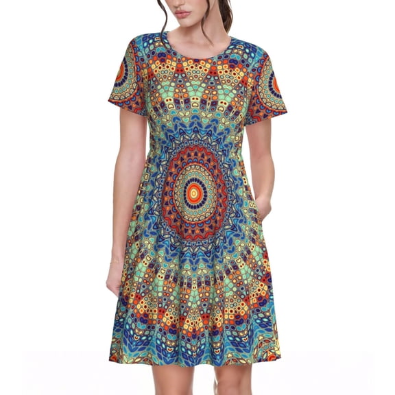Defioc Round Mandala Pattern Womens Summer Dresses Short Sleeve Sundress 2025 Beach Vacation Dresses with Pockets -Small
