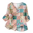 thumbnail image 5 of Women's Patchwork Floral 3/4 Sleeve Blouse - V-Neck Button Down Boho Tunic Top, Lightweight Casual Loose Fit Shirt for Spring Summer Army Green XL, 5 of 6