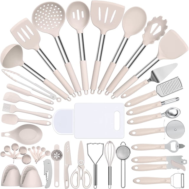 Silne Cooking Utensil Set, 43 PCS Heat Resistant Kitchen Utensil Gadgets Set-Stainless Steel Handle- Kitchen Spatula Tools for Nonstick Cookware, Pots and Pans Accessories (Khaki)