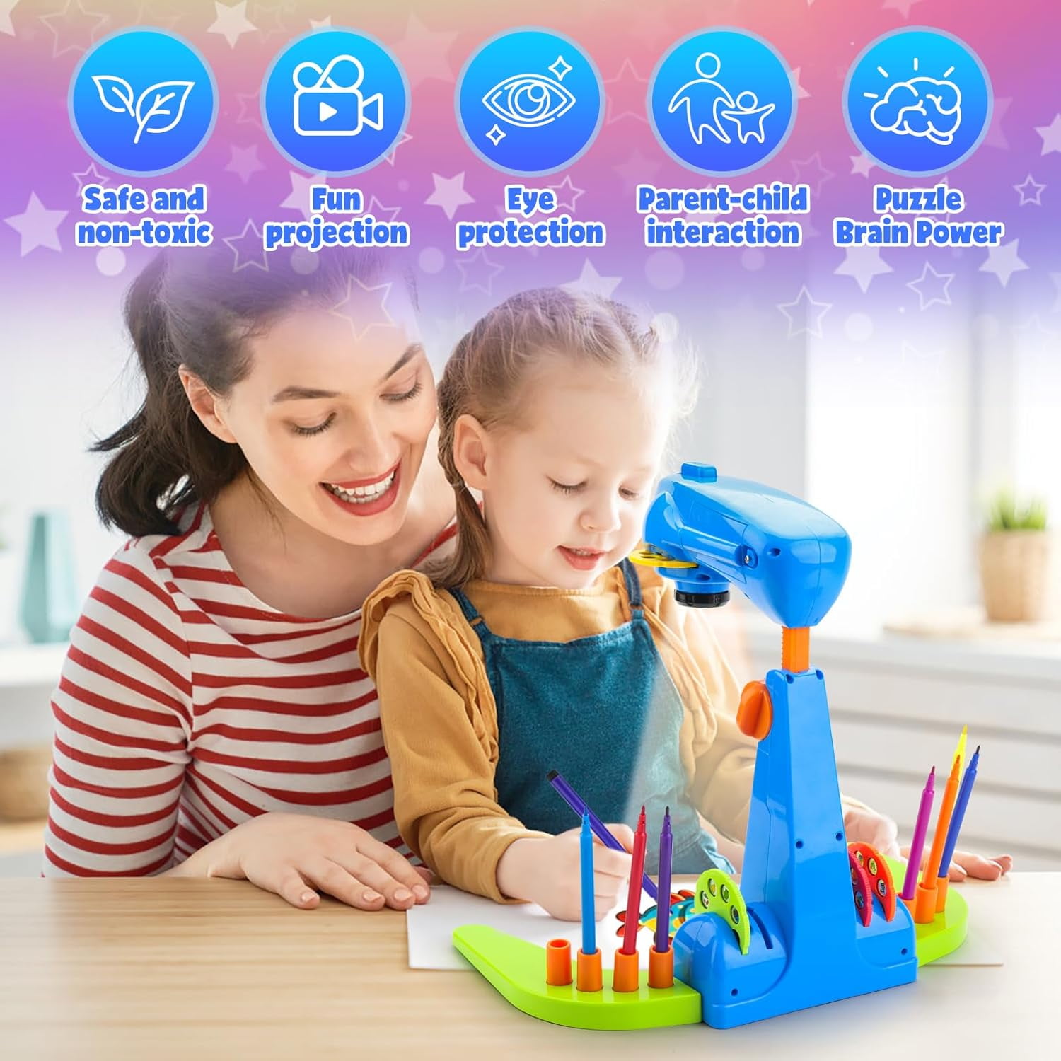 Wiher Kids Drawing Projector, Tracing and Drawing Projector Toys for Girls Aged 3+,Kids Smart Projector with 32cartoon patters and 12color Brushes for Children Learn to Draw and Sketch (Blue)