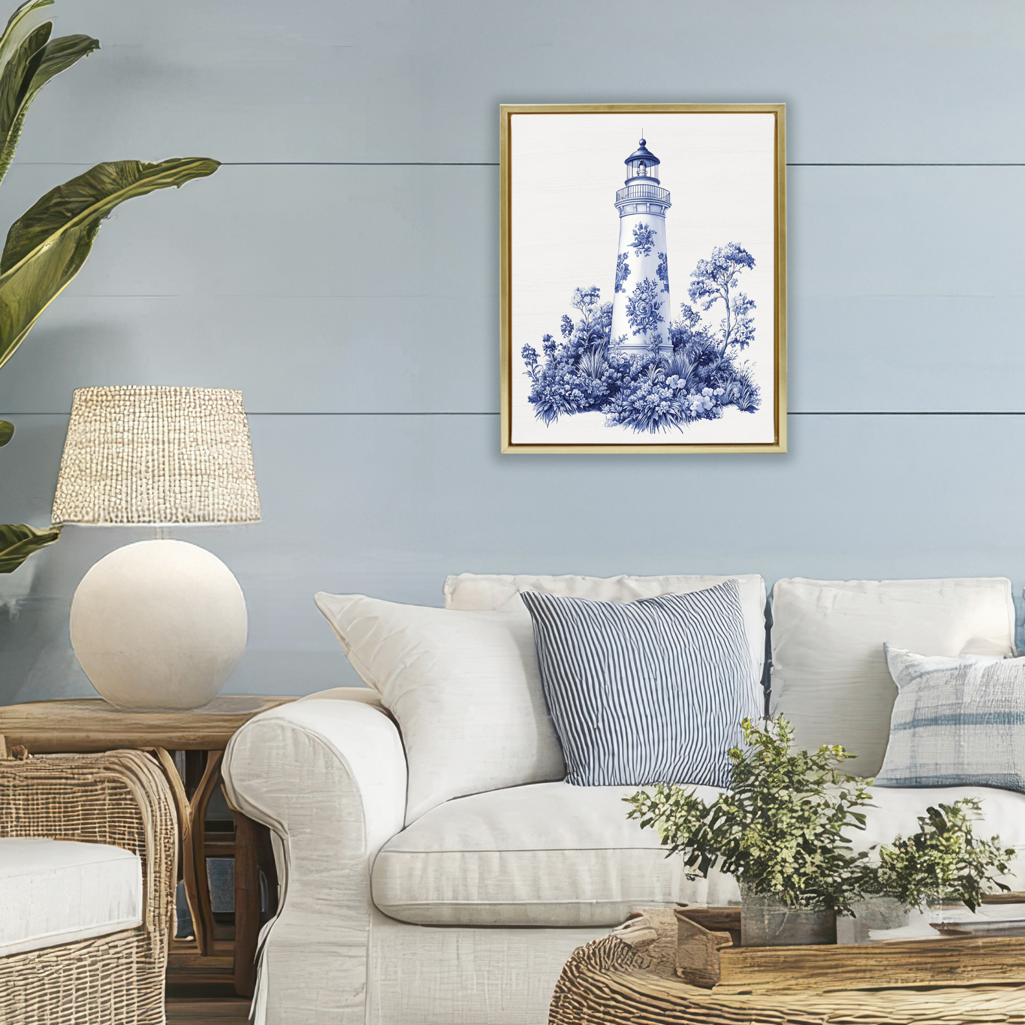 Toile Patterned Lighthouse Gold Framed Floater Canvas Wall Art, design by Lettered and Lined