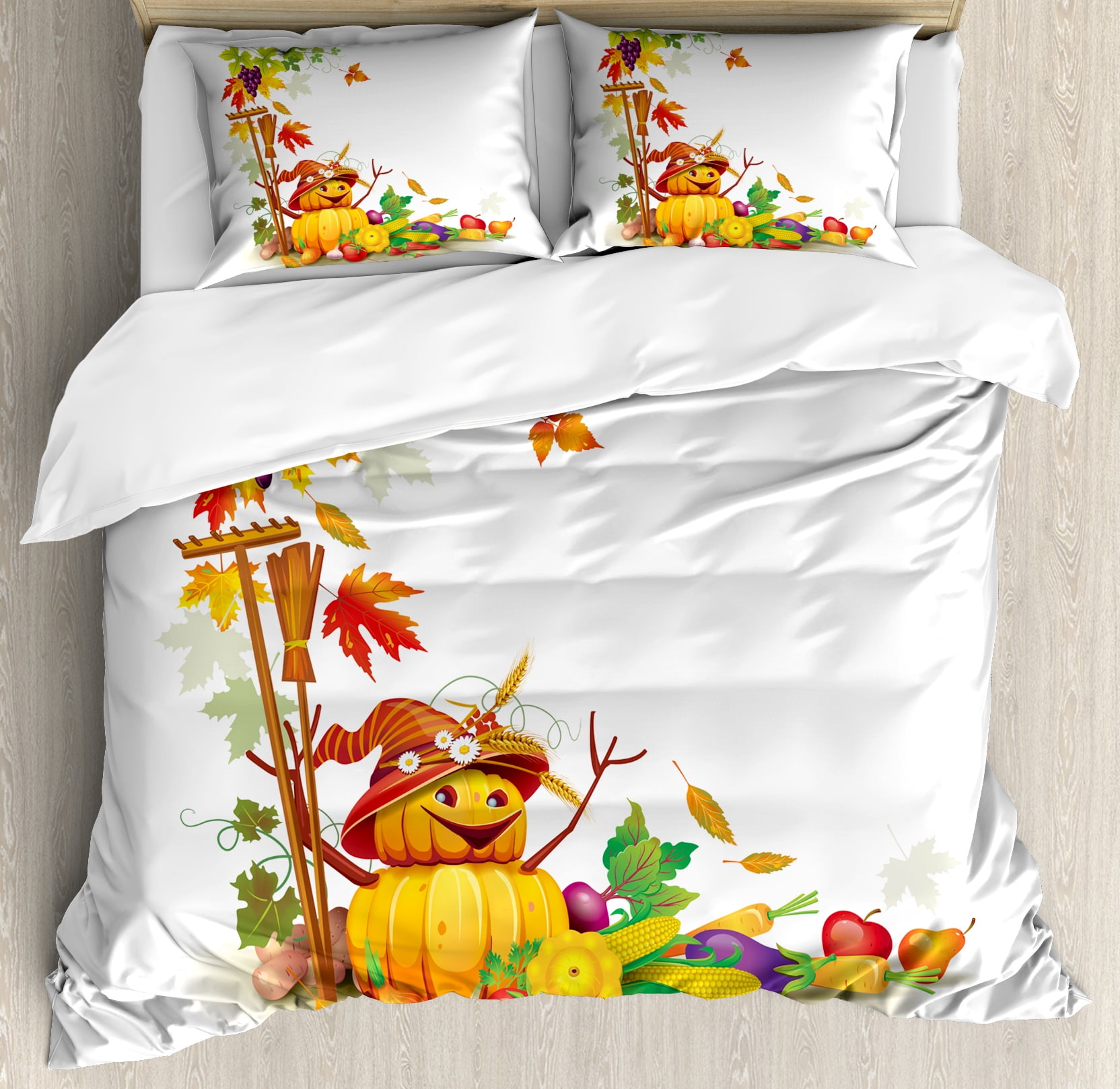 Kids Thanksgiving Queen Size Duvet Cover Set, Autumn Harvest Theme with
