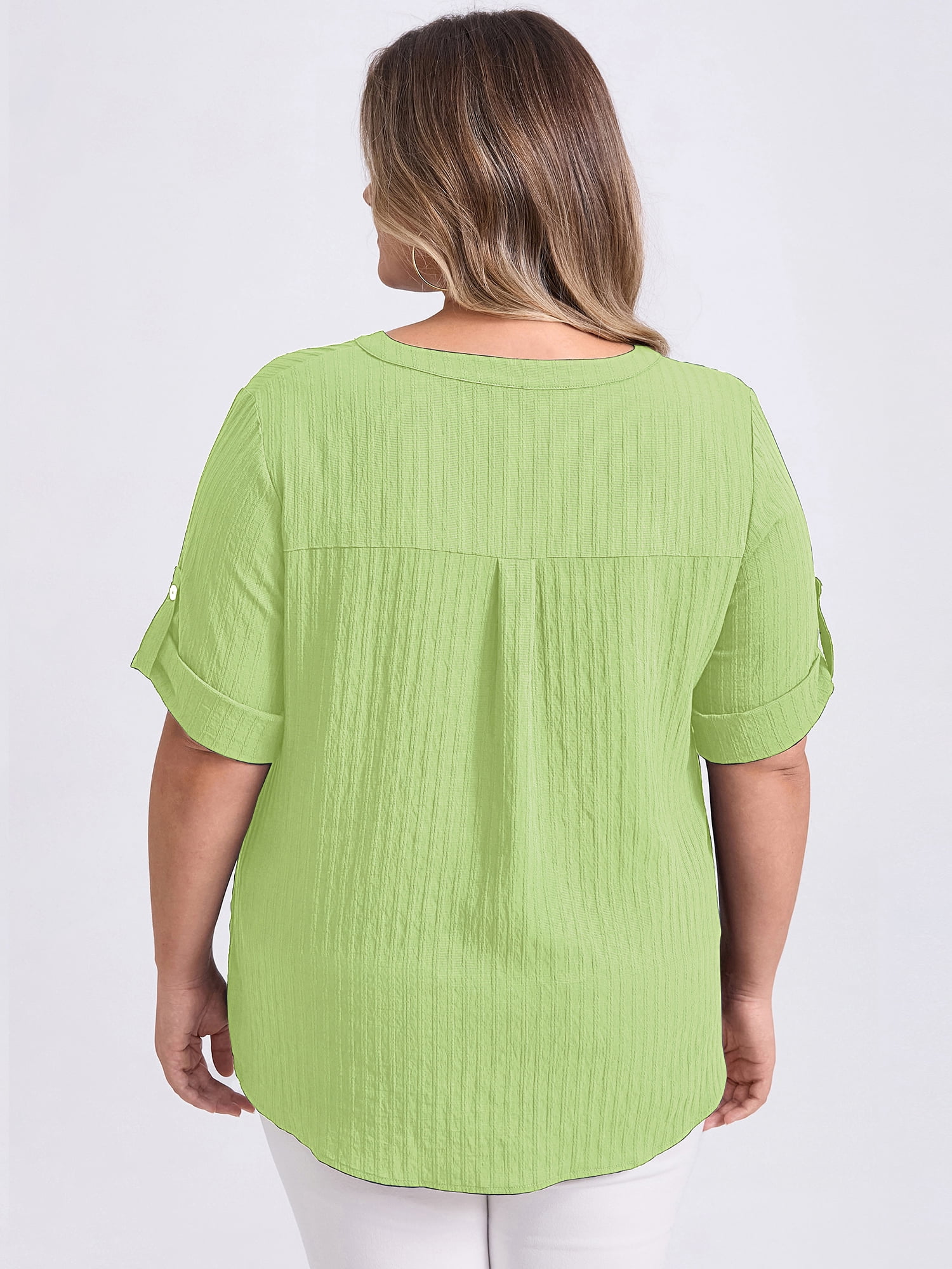 DARING DIVA Women's Plus Size V Neck 3/4 Sleeve Button Down Casual Blouse 1X Light Green