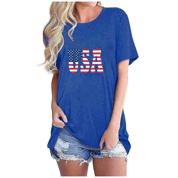 Tops Cortos para Mujeres Bandera de Moda Impresa Cuello Redondo, Camiseta de Manga 3/4 para Uso Diario, Casero Y Cómodo