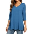 thumbnail image 5 of Puntoco Women's 3/4 Sleeve Oversized T-Shirts V Neck Comfy Casual Tunic Tops Knit Side Basic Split Loose Fit Tees Blue XL, 5 of 6