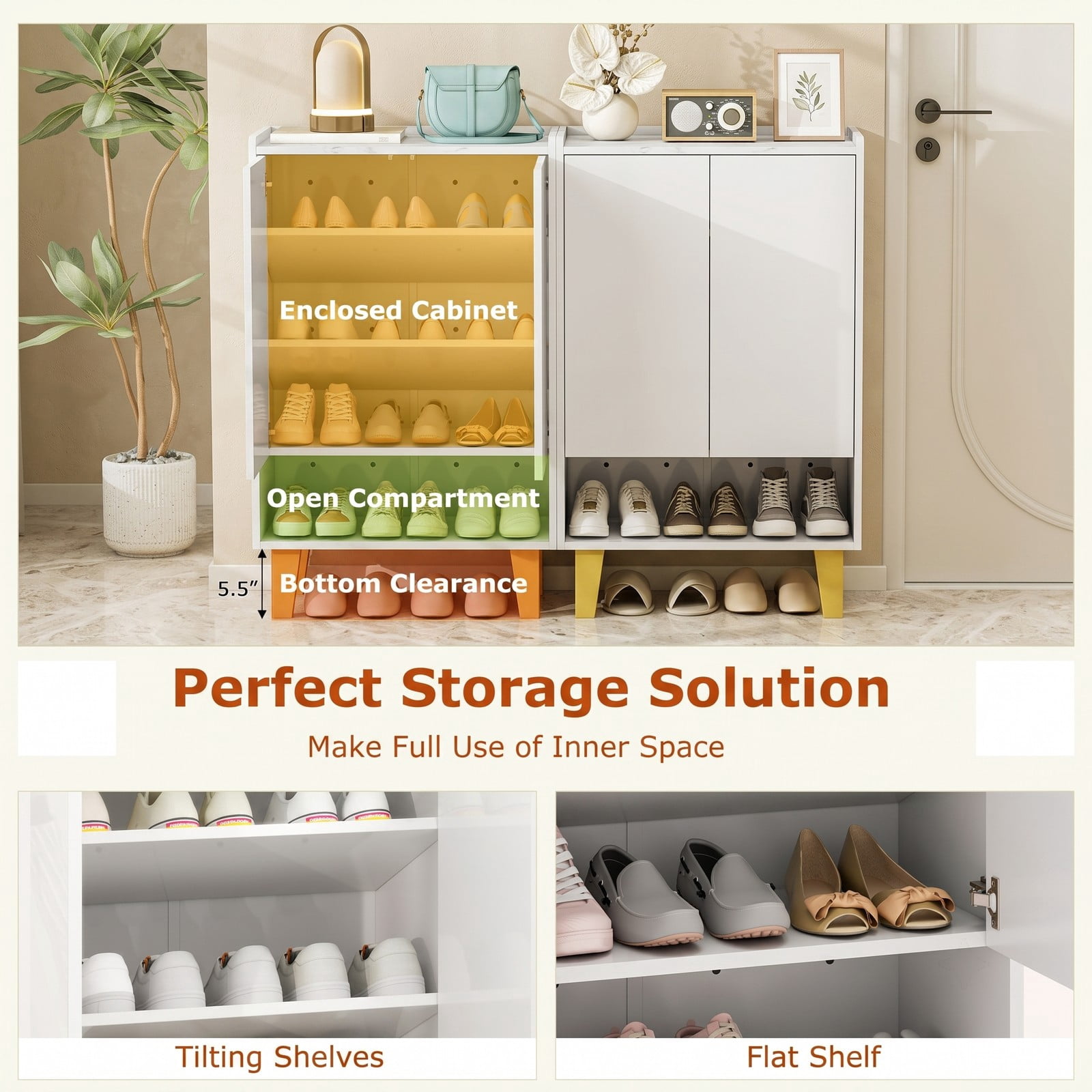 Furnibear 5-Tier Shoe Cabinet with Faux Marble Countertop and Flat Tilting Shelves for Entryway and Hallway, White and Gold