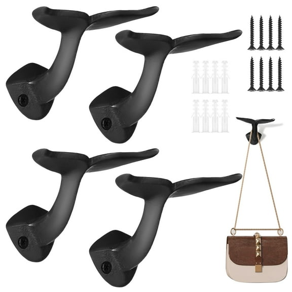 4 PCS Whale Tail Wall Hooks, Rustic Metal Wall Hangers, Heavy Duty Iron Ocean-Inspired Hooks with Black Coating, Decorative Wall Hanging Hooks for Coats Bags Keys, Includes Screws
