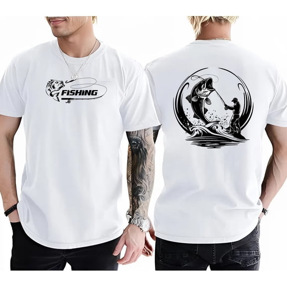 Men's/Unisex T-Shirt with Unique Fishing Design - Designed for Fishing Enthusiasts with "FISHING" Logo on the Front and a Lively Fishing Scene on the Back.