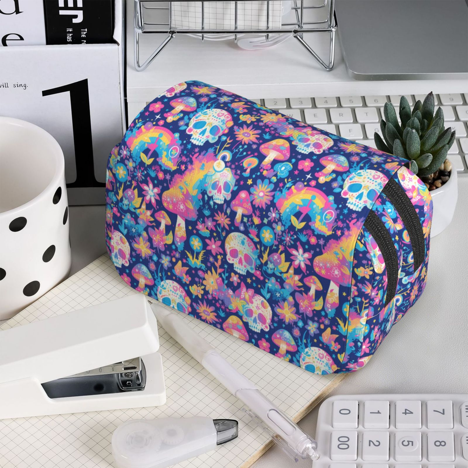 Rateoe mushroom Skull rainbow color Pattern Double Clamshell Pen Case, Storage Organizer with Two Zipper Compartments– Holds Up to 50 Pencils & Pens