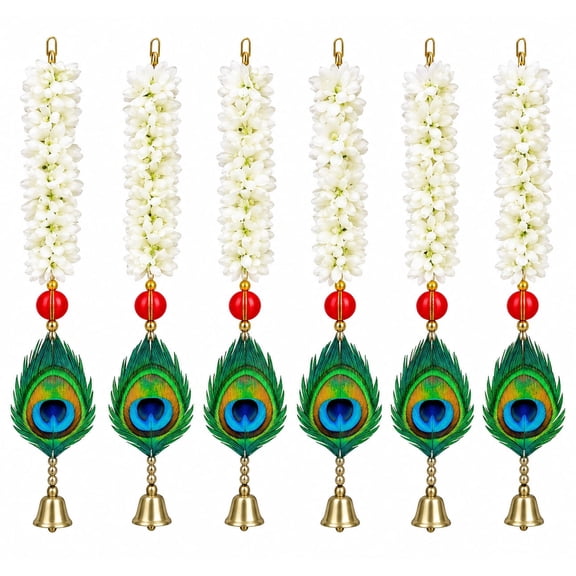Handcrafted Decorative Wall Decor Peacock Feather Hanging Ornament for Ganpati Diwali Navratri and Pooja Setup for Home Entrance Mandir Temple Decor (Set of 6) 21 inch