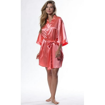 Kimono robes for Women Satin Silk lingerie robe  Short V-Neck For Female Sleepwear Loungewear bridal party bridesmaid wedding - Light Coral - X-Large