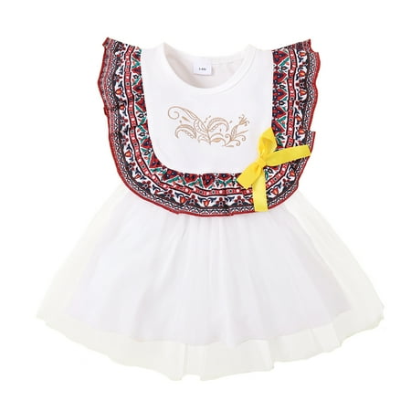 

Kucnuzki Infant Baby Girl Clothes 3 Months Summer Dress 6 Months Fly Ruffled Sleeve Embroidered Floklor Binder Body Ruffles Layer Stitching Dress White