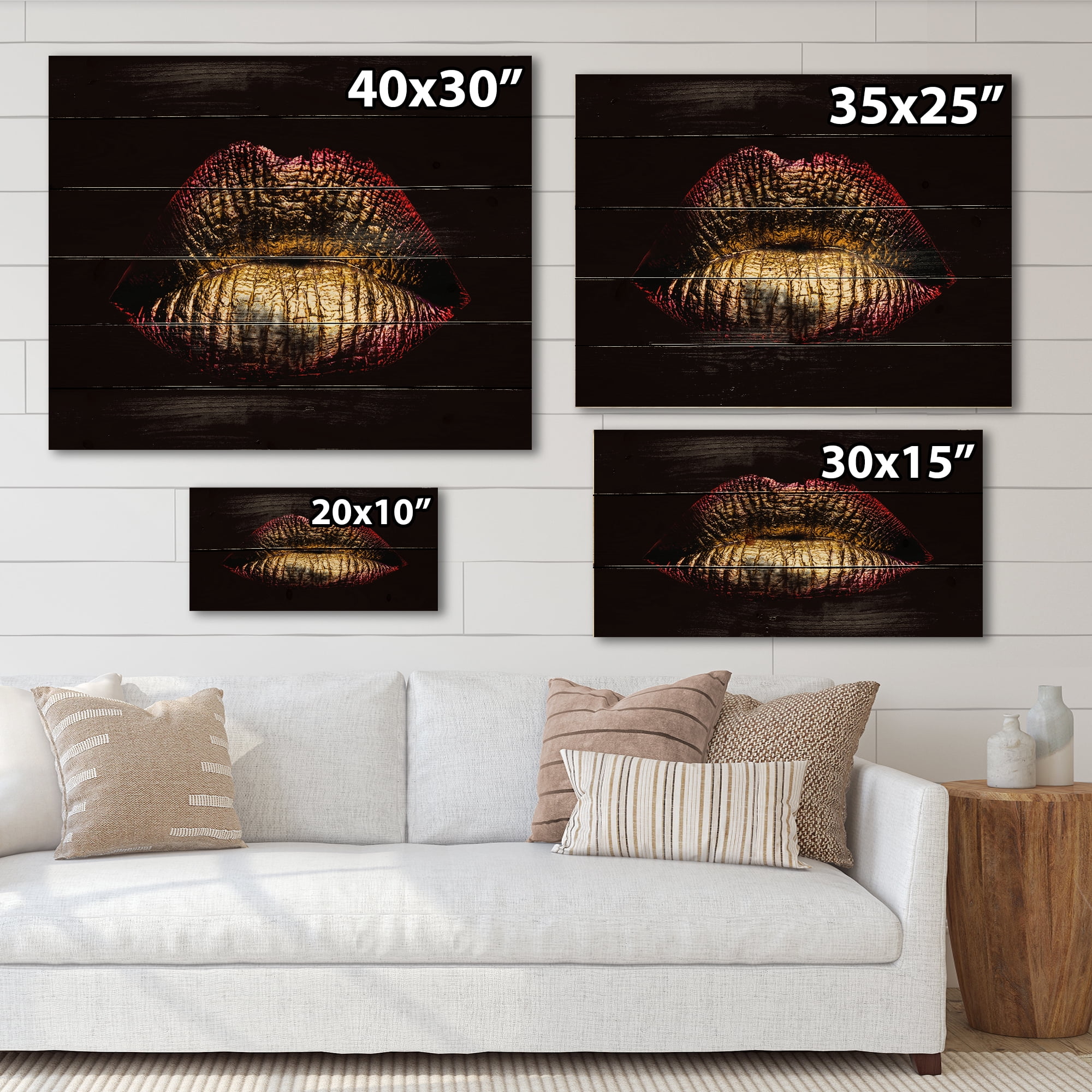 Designart 'Sexy Golden Metallized Woman Lips IV' Modern Print on Natural Pine Wood