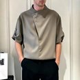 thumbnail image 2 of xfsWaSs Summer Men's Short Sleeve Shirts Ice Silk Drape Fashion Casual Tops Collarless Asymmetric Button Closure Blouses Streetwear Stylish Shirts, 2 of 3
