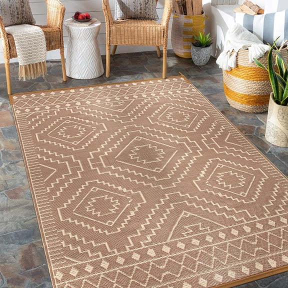Outdoor Rug 6x9, Waterproof Patios Rug Reversible Plastic Straw Rug, Large Outside Area Rug, Portable Indoor Outdoor Carpet for Picnic Balcony Backyard Porch Deck (Beige & Brown,6'x9')