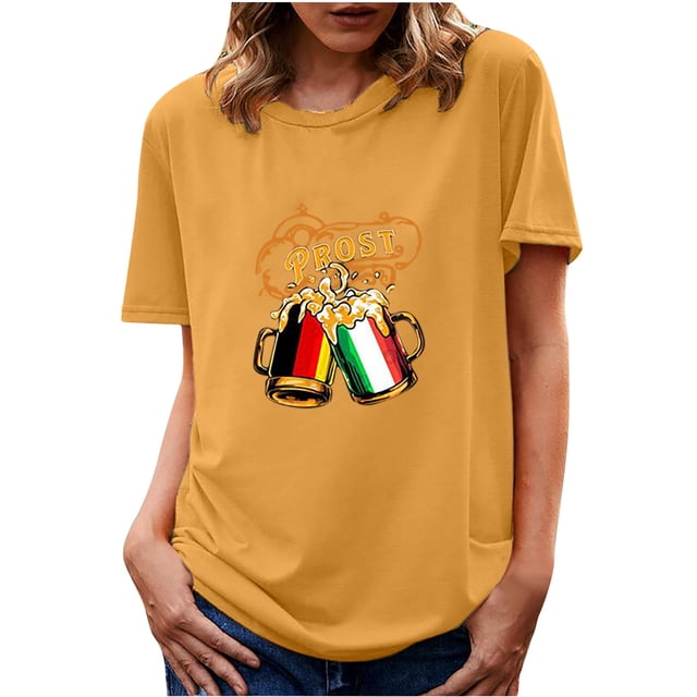 Pompotops Prost T-Shirts d'Été pour Femmes à Imprimé, Col Rond, Manches Courtes, Hauts Blouse
