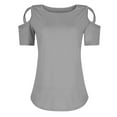 thumbnail image 3 of GigrtiJin Womens Solid Color Cold Shoulder Tops Crew Neck Short Sleeve Tees Trendy Flowy Blouse, 3 of 4