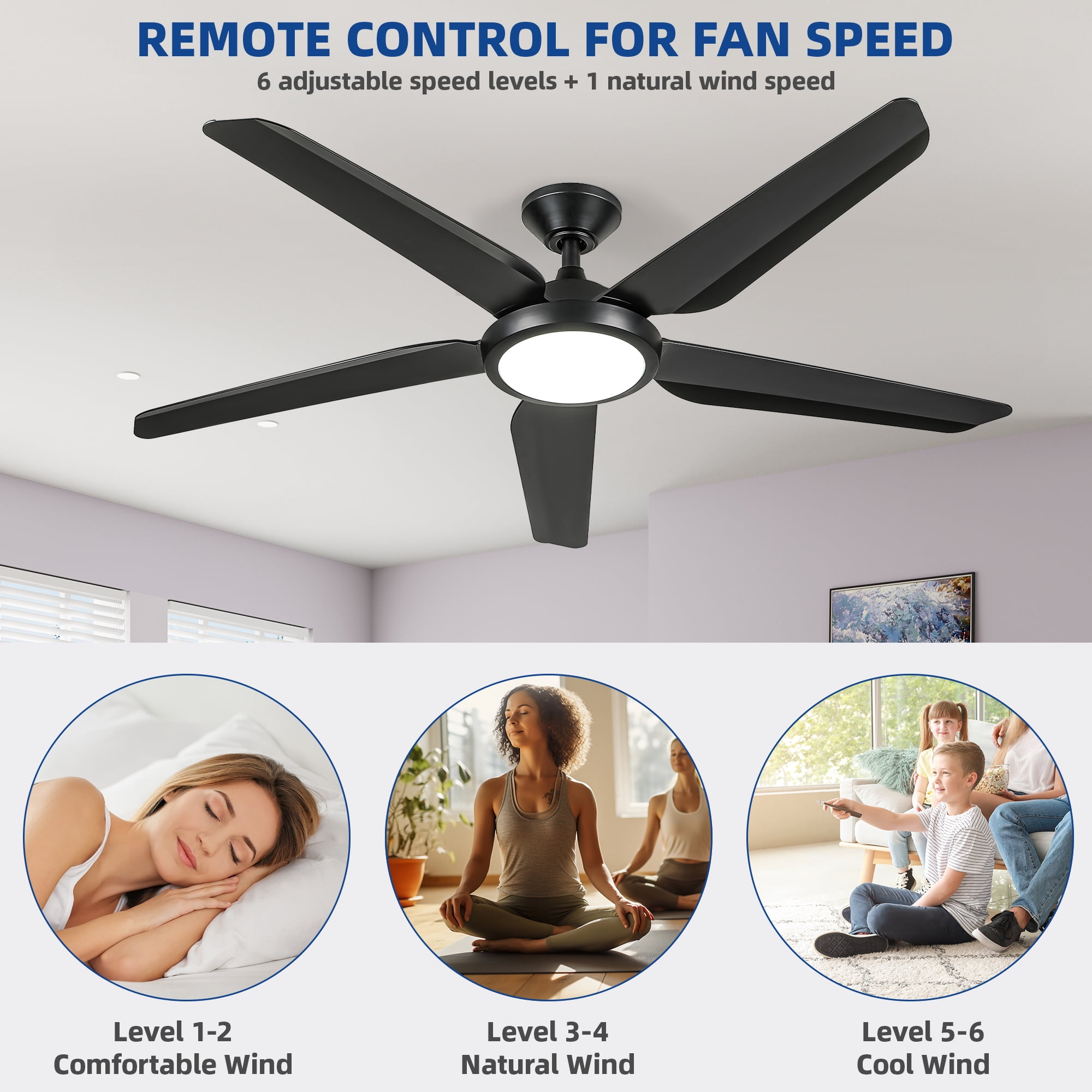 Uforic 54" Silent 5-Blade Modern Ceiling Fan with  Adjustable Light and Remote for Indoor, Black