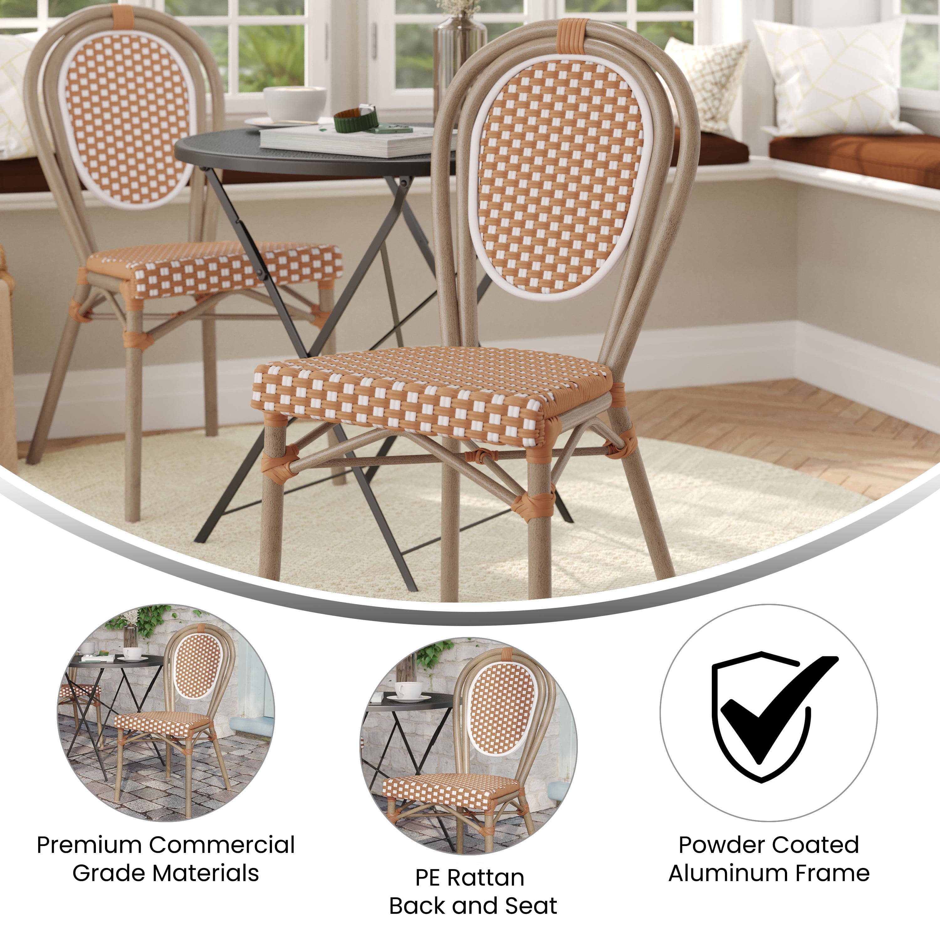 Flash Furniture Lourdes Indoor/Outdoor French Bistro Stacking Chair Natural/White/Light Natural