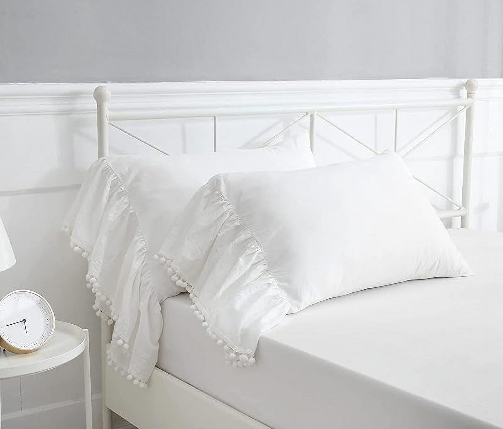 Pom Poms Pillowcases with Long Ruffles Ivory Pillow Shams Cotton Pillow Covers Queen Size 20"X30" Farmhouse French Country 2-Pack