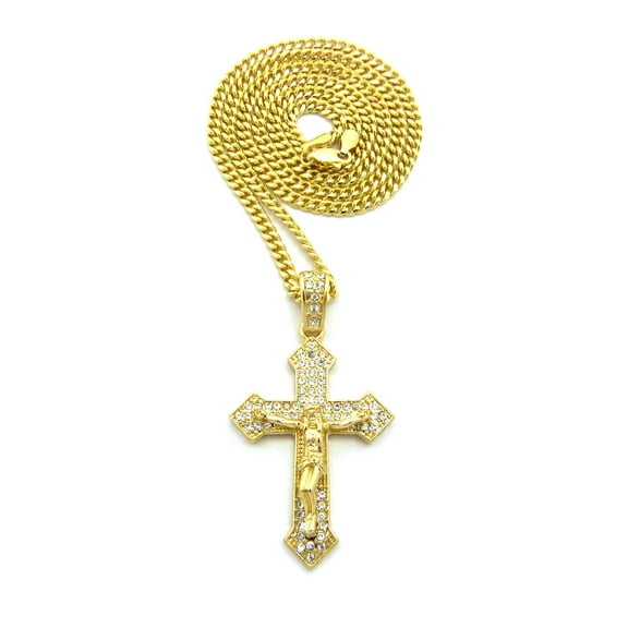 Crucifix Jesus on Stone Stud Pointed Cross Pendant with Chain Necklace - 3mm 24" Gold-Tone Cuban Chain