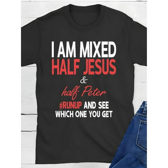 1pc, I'M Mixed, Half Jesus, Half Peter, Christian T Shirt Lion And Jesus Christian T Shirt Exquisite Graphic Print, Round Neck High Street Cotton Short Sleeve T-Shirt, Trendy Graphic T-Shirt