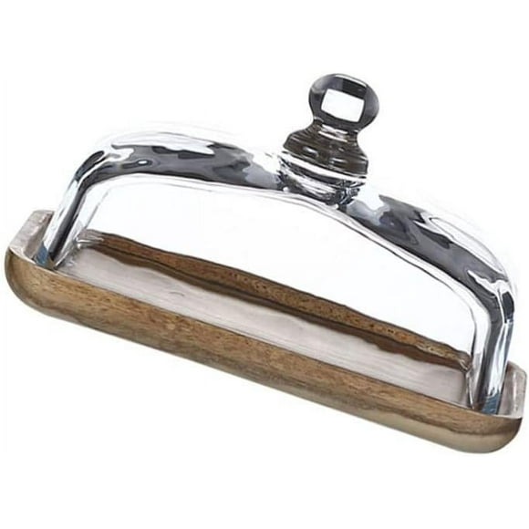 Zshan 1 piece（Dark Wood Color、18X12X10CM ）Butter Dish with Glass Lid- Clear Butter Tray for Refrigerator& Counter for Butter, Block of Cream Cheese& Serving Dish