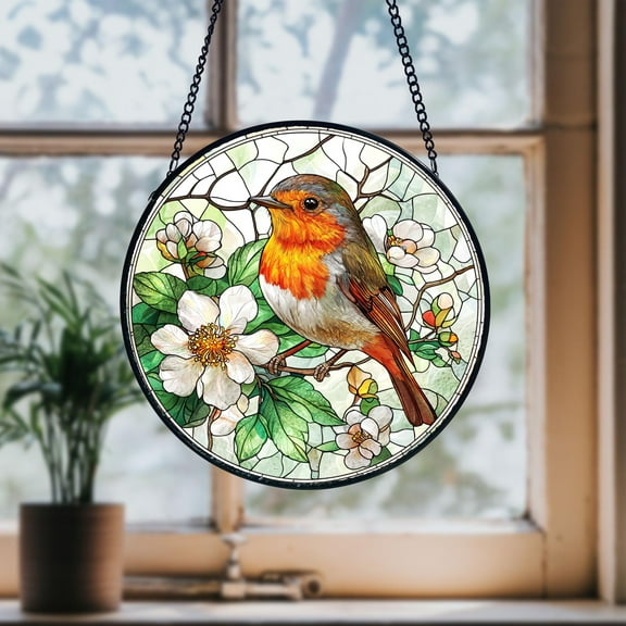Robin Bird Stained Glass Suncatcher, Floral Nature Window Hanging, Garden Lover Gift for Mom or Grandma