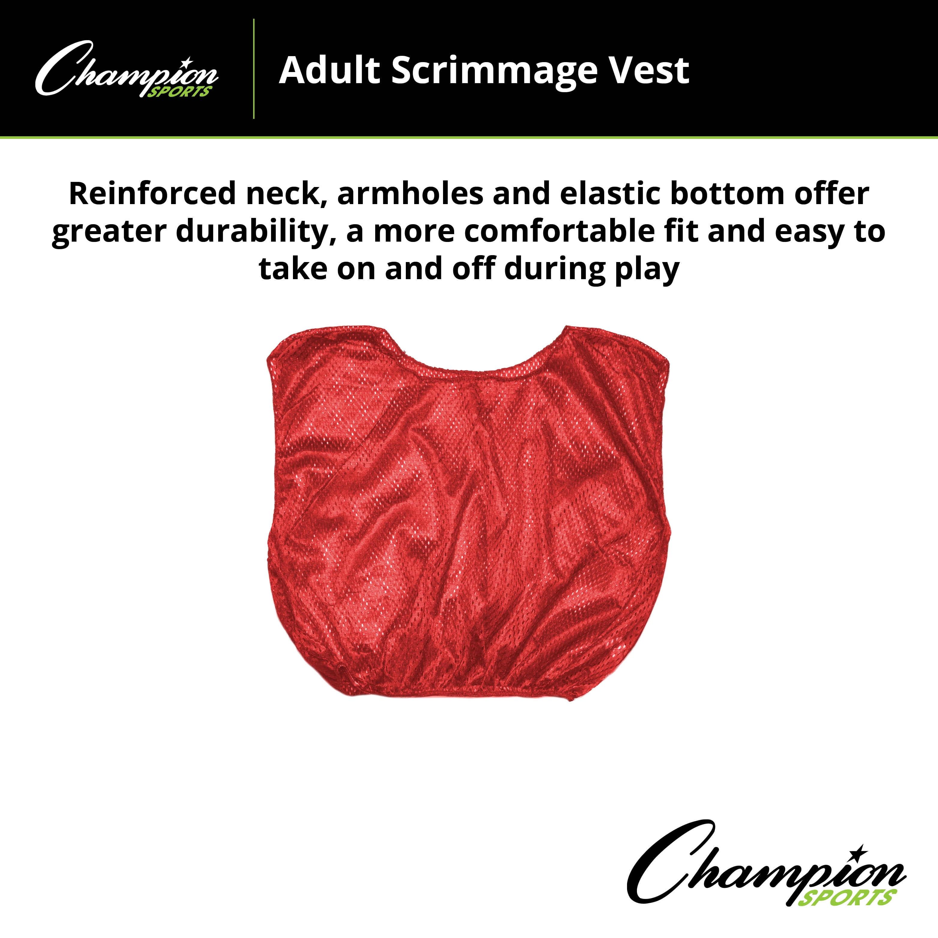 Champion Sports Mesh Practice Scrimmage Vest Regular and Numbered (Youth and Adult) - Pack of 12, Red, Adult Regular