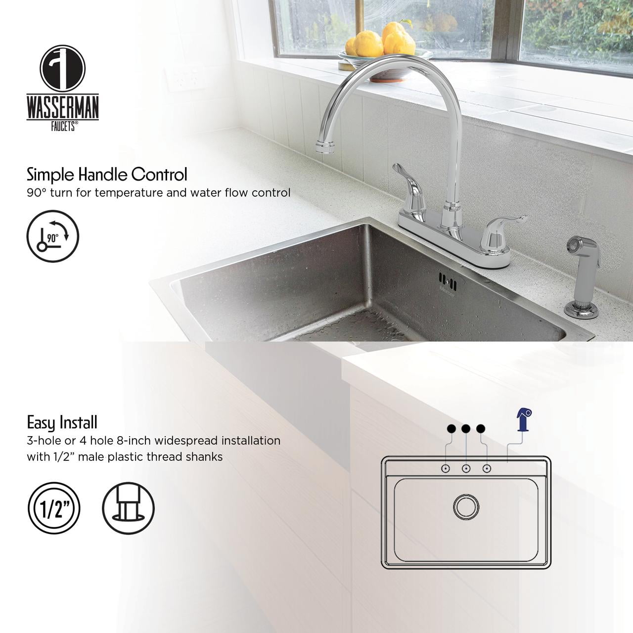23073024 - Non Metallic Kitchen Sink Faucet 360 Degree Swivel High Spout Double Handle Washerless with Side Spray