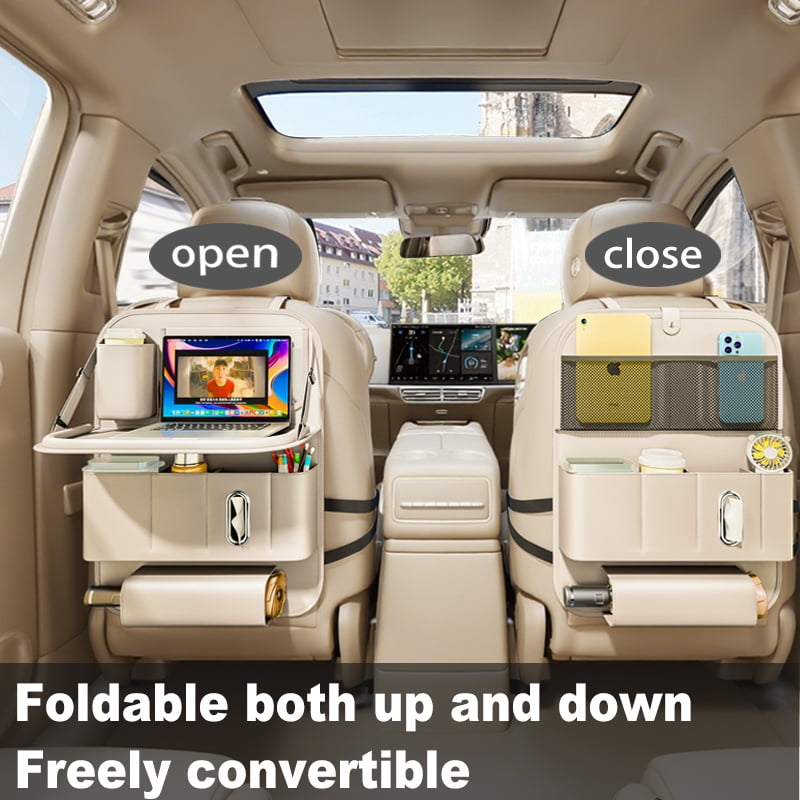 GMQ Backseat Car Organizer with Tray 1 Pack,Multifunctional Seat Back Organizer for Kids with Storage Pockets,23 in x 16 in(Beige)