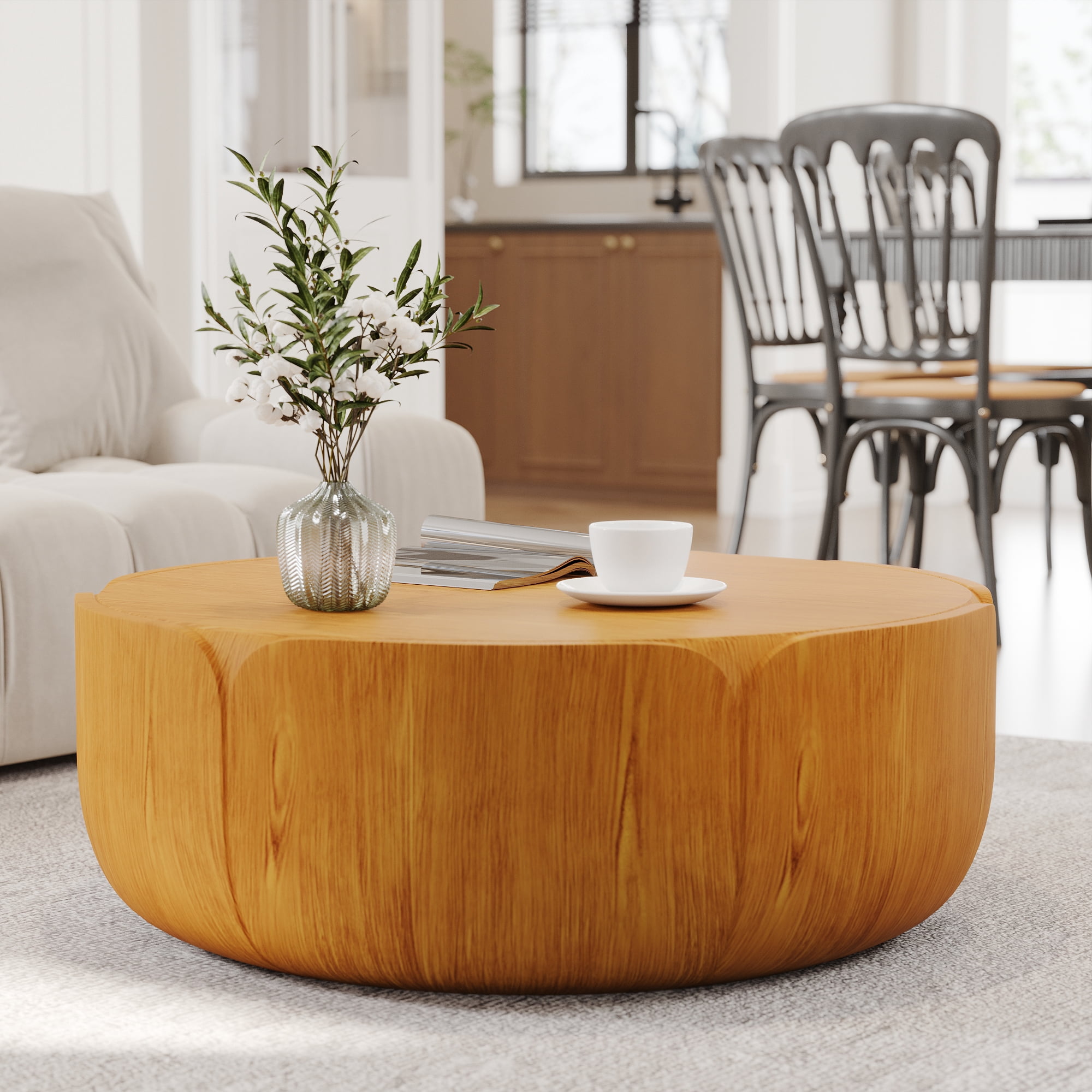 Round Outdoor Center Coffee Table, Drum Shaped Wood Grain Leisure Table for Patio Living Space, Natural