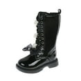 thumbnail image 5 of Girl's Tall Combat Boots Glitter Rhinestone Bow Knee High Dress Booties Kids Comfy Soft Sole Fashion Lace up Riding Boots Black 1 Big Kid, 5 of 5