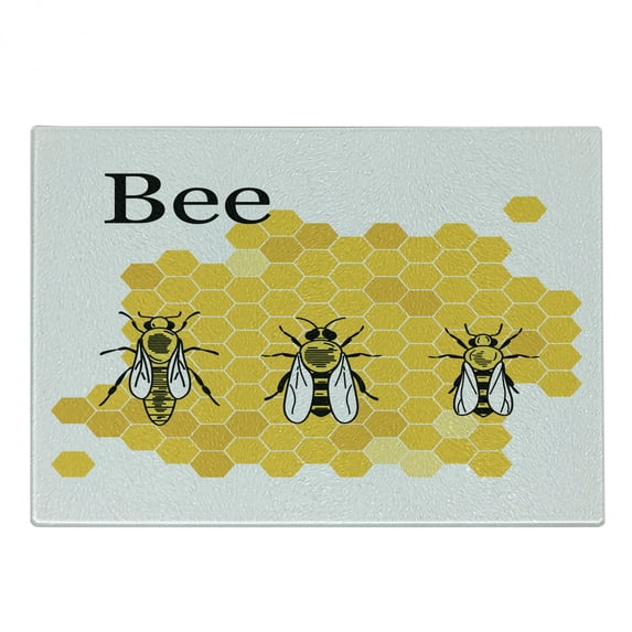 Queen Bee Cutting Board, Computer Graphical Educational Drawing of Queen Drone and Worker, Decorative Tempered Glass Cutting and Serving Board, in 3 Sizes, by Ambesonne